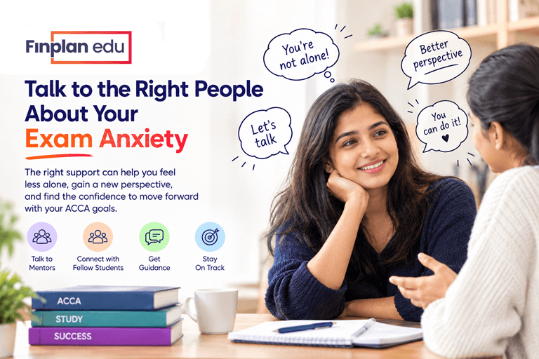 Finplan Edu ACCA exam anxiety guide showing student mentorship and emotional support.
